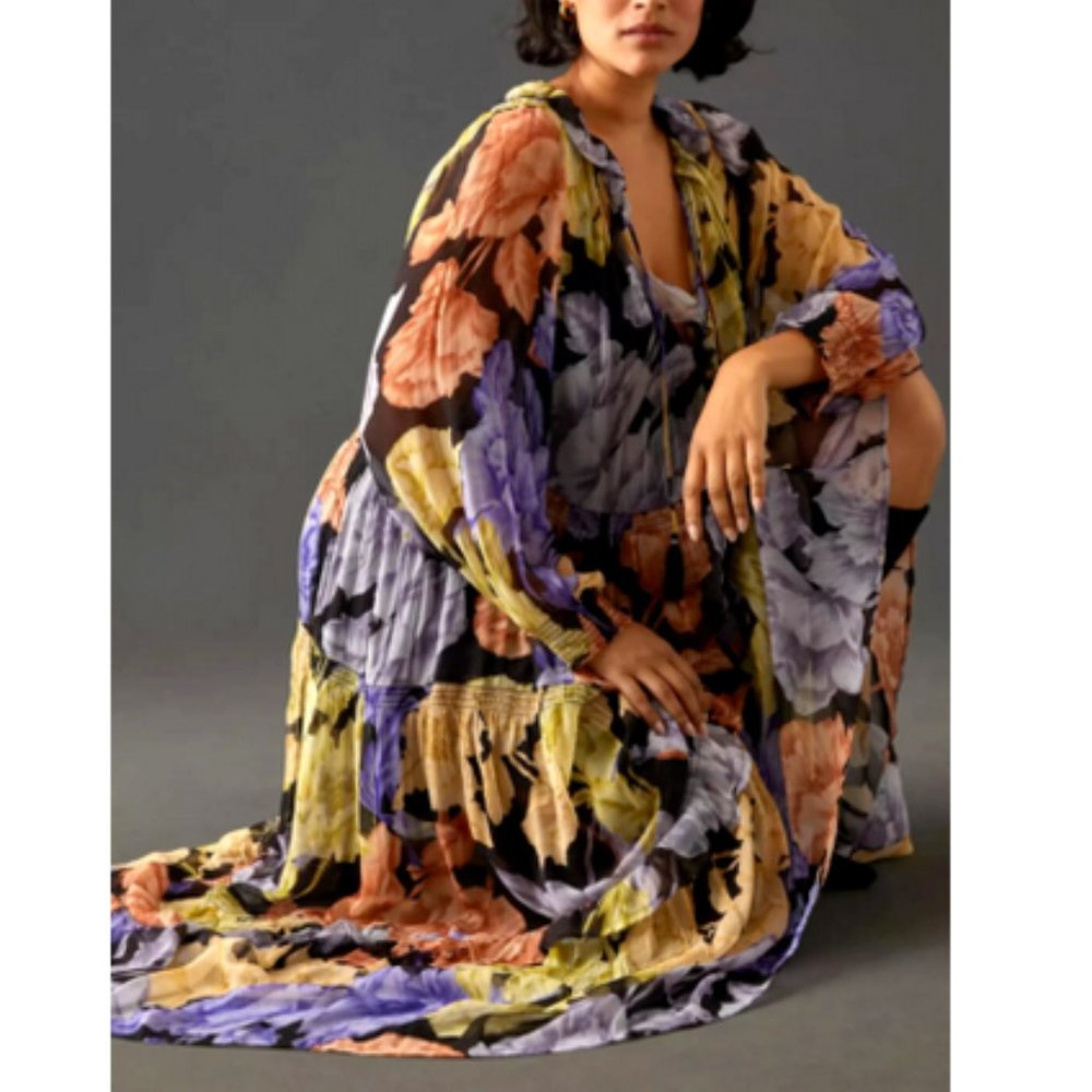 Anthropologie 2X NWT The Marais Printed Chiffon Maxi Dress Purple Floral New - Picture 5 of 9